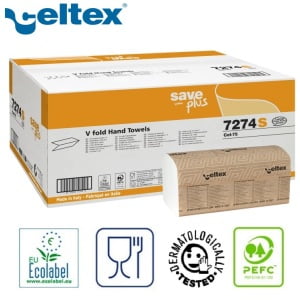 Prosoape de hartie pliate V, Celtex Save Plus 7274S, albe, 25x21cm, 2straturi, 75%celuloza, certificate Ecolabel, Food contact, 200 buc / pachet, 15 pachete / bax