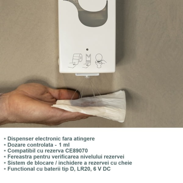 Dozator solutie curatare colac WC, Celtex E-Control 95590, cu senzor, igienic, dozare controlata, compatibila cu rezerve CE89070