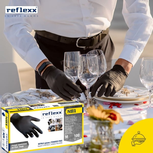 Manusi nitril negre, Reflexx N81, nepudrate, grosime 0.06 mm,100 buc / cutie, pentru HoReCa, saloane si domeniul industrial si medical