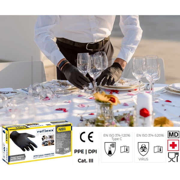 Manusi nitril negre, Reflexx N81, nepudrate, grosime 0.06 mm,100 buc / cutie, pentru HoReCa, saloane si domeniul industrial si medical