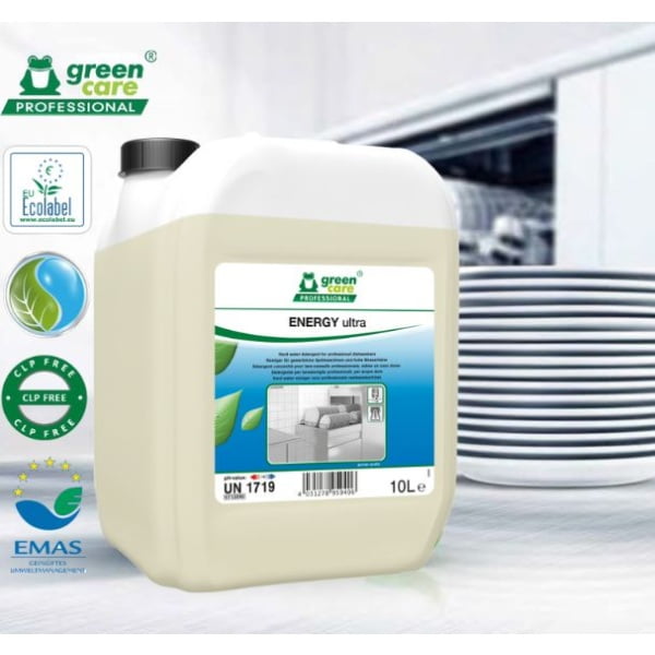 Detergent ecologic concentrat, ENERGY Ultra, 10 litri pentru masina de spalat vase profesionala, adecvat pentru apa cu duritate mare (apa dura), certificat Ecolabel, Biodegradabil complet