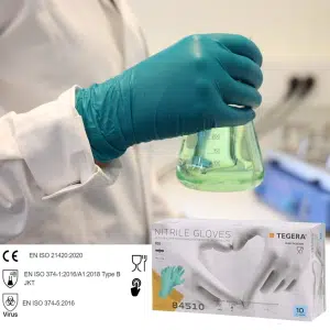 Manusi nitril nepudrate Tegera 84510, verzi, grosime 0.1mm, 100 manusi / cutie, varf deget texturat, certificate pentru industria alimentara