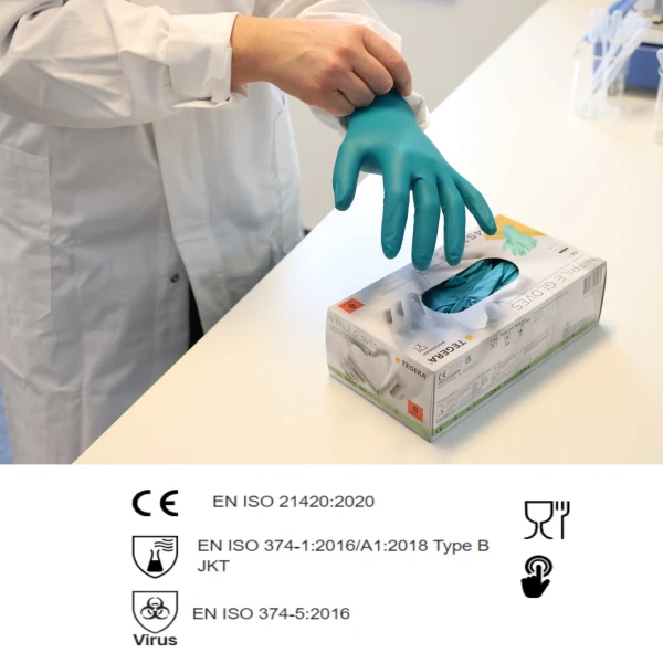Manusi nitril nepudrate Tegera 84510, verzi, grosime 0.1mm, varf deget texturat, certificate pentru industria alimentara
