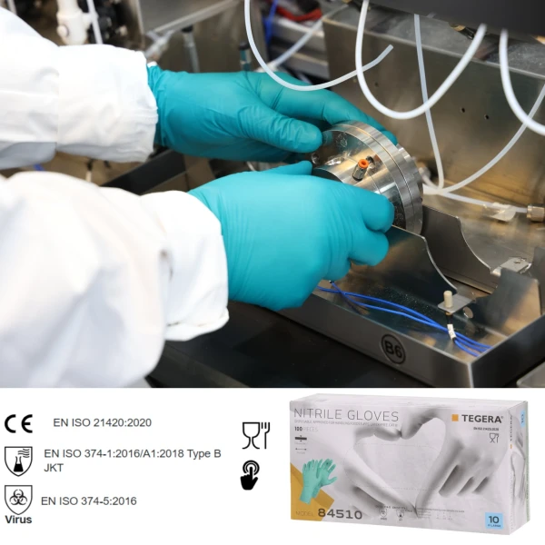 Manusi nitril nepudrate Tegera 84510, verzi, grosime 0.1mm, varf deget texturat, certificate pentru industria alimentara