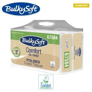 Hartie igienica intercalata Bulkysoft Comfort, Hostess, alba, hartie reciclata deinked 250 portii/pachet,19x11cm, 24 pachete/bax, certificata Ecolabel