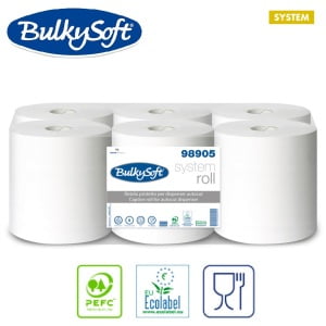 Rola prosop de hartie autocut BULKYSOFT SYSTEM 98905, 2 straturi, alba,  200m,  6 role / bax, certificare PEFC, ECOLABEL, Food Contact