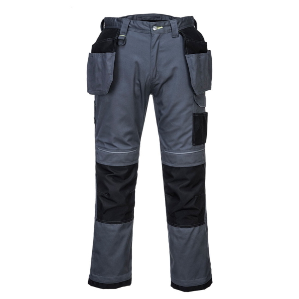 Pantaloni de lucru Holster gri-negru, rezistenti, din polibumbac 300 g/m² Kingsmill, cusaturi triple, detalii reflectorizante, UPF 40, tiv regabil