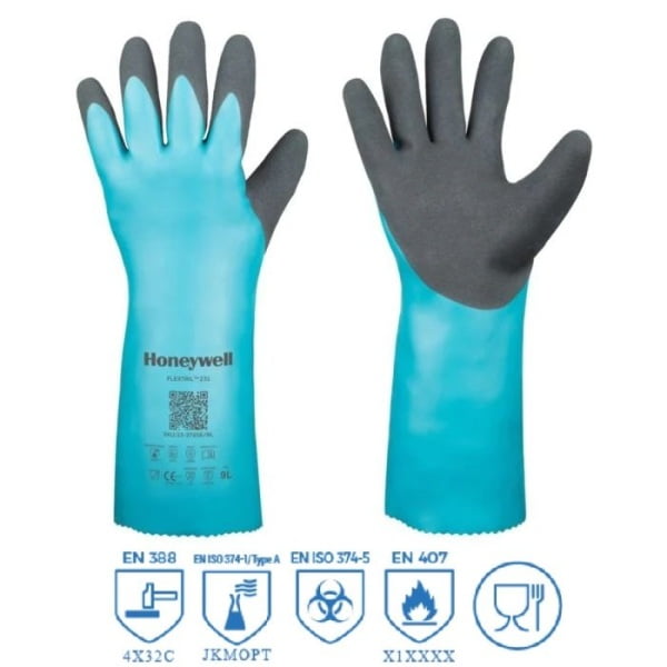 Manusi de protectie Honeywell Flextril 231, din nitril, rezistenta chimica si rezistenta la taiere nivel C, liner bumbac in interior, dubla imersie pe palma, lungime 320cm, bucata=pereche