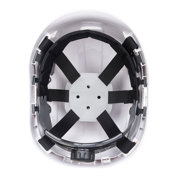 Casca de protectie pentru lucru la inaltime Height Endurance, din ABS, suspensie in 6 puncte, reglare cu rotita, sloturi antifoane externe, fara cozoroc