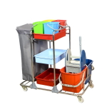 ZDKHA3101_Carucior de curatenie complet, cadru metalic, cromat, 2 galeti, 2x25L, storcator mop, 3 etajere, 4 galeti mici, sac rufe_gunoi, roti cauciuc