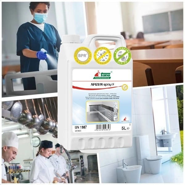 Dezinfectant rapid pentru suprafete, ce nu necesita clatire, APESIN Spray F, 5L, pe baza de alcool, fara parfum, pentru domeniul sanitar, alimentar, industrial si institutional