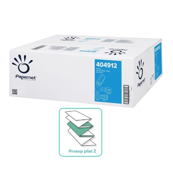 Prosoape de hartie pliate Z, Papernet 404912, 200 servetele / pachet, natur, 20.3 x 24 cm, 2 straturi, hartie reciclata, certificate Ecolabel, Blue Angel, , 20 pachete / bax, compatibil cu dispensere inguste