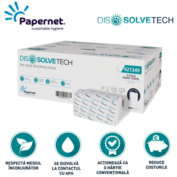 Prosoape de hartie pliate V, Papernet 421349, celuloza alba, Dissolve Tech, 21x17.6 cm, 210 portii/pachet, 15 pachete/bax, certificat FSC, Ecolabel