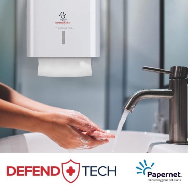 Dispenser HIGHFAST, Defend Tech pentru prosoape de hartie pliate V, plastic alb tratat antibacterian