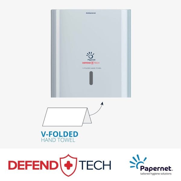 Dispenser HIGHFAST, Defend Tech pentru prosoape de hartie pliate V, plastic alb tratat antibacterian