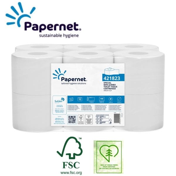 Hartie igienica derulare centrala, Papernet 421815, compatibila cu dispensere T9, alba, 2 straturi, 112 m, 448 portii, latime 10.75 cm, 12 role/bax, certificata FSC