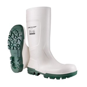 Cizme de protectie din PVC albe, cu captuseala din nylon, Dunlop, Work Is Safety (S4), toc absorbant de energie, talpa rezistenta la combustibili si uleiuri