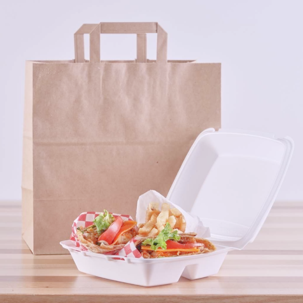 Punga hartie natur, delivery, take away, cu maner plat, 6 dimensiuni disponibile - 26x17x29cm - 250 BUCATA. (maner exterior)