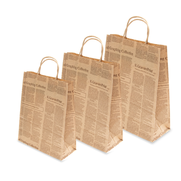 Pungi hartie ziar, cu maner sfoara - 32x12x41 cm - 100 BUCATA.