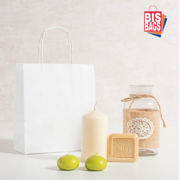 Punga hartie, alba, cu maner sfoara - 32x12x41 cm - 100 BUCATA.