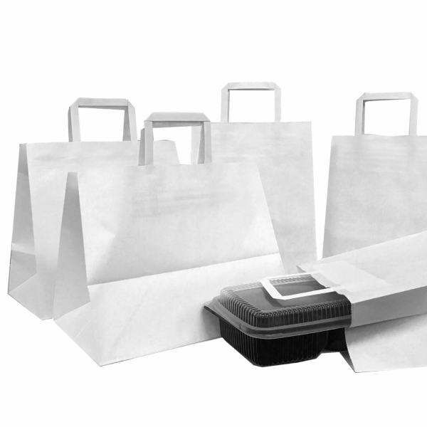 Punga hartie alba, delivery, cu maner plat, take away, 3 dimensiuni - 26x17x29cm - 250 BUCATA.