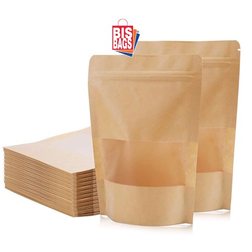 Pungi stand-up cu fereastra si fermoar NATUR - 13x22.50cm - 100 BUCATA.