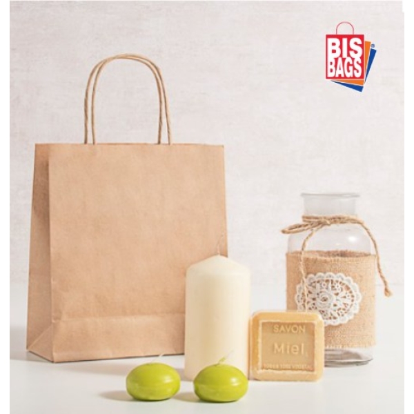 Punga hartie, natur, cu maner sfoara - 25x14x30cm (90gr) - 100 BUCATA.