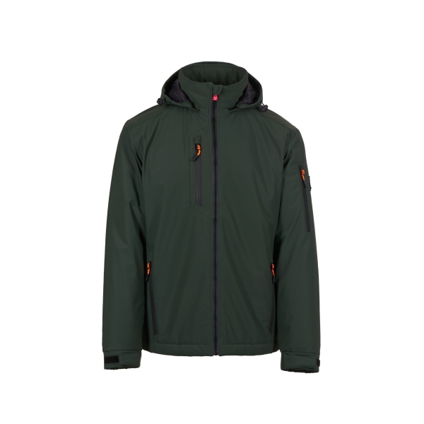 Jacheta impermeabila barbati softshell de iarna, gluga detasabila, elemente reflectorizante aplicate pe spate, la nivelul taliei si pe gluga, culoare military green