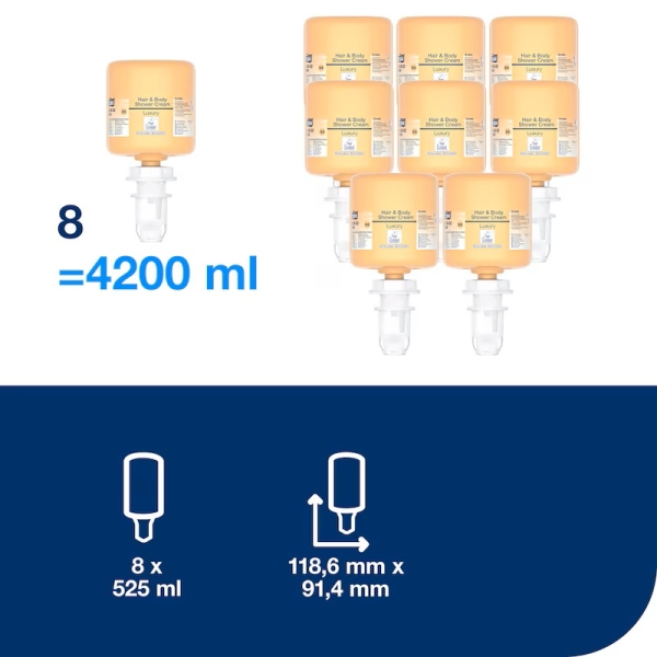 Crema de dus mini (525 ml) pentru spalare par si corp, rezerva pentru dispensere Tork 565200 si 565208