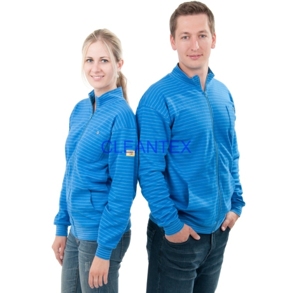 Hanorac ESD cu fermoar frontal si maneci lungi, conceput pentru utilizare în medii sensibile la descarcari electrostatice, albastru