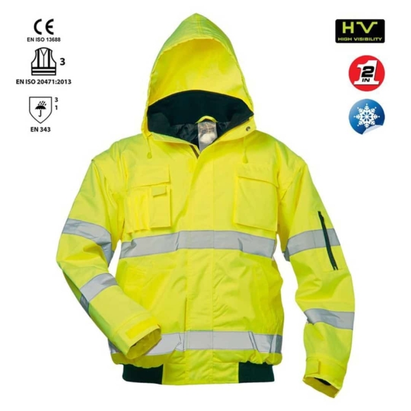 Jacheta reflectorizanta ROLAND, rezistenta la apa si vant, cu gluga si maneci detasabile