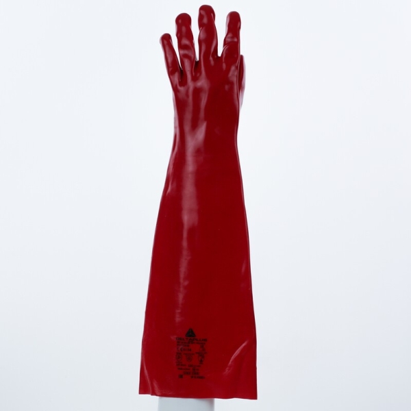 Mănușă impermeabilă cu fixare - Bumbac - PVC neted - Lungime :  600   mm , culoare Roșu