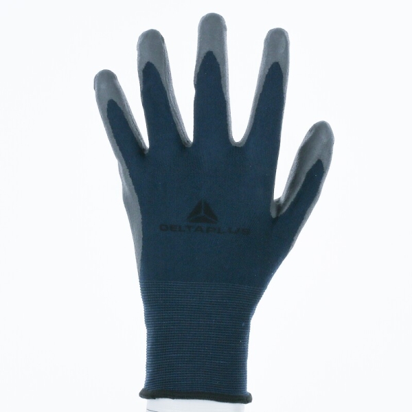 Mănușă tricotată cu strat protector - Poliamidă - Polimer apă neted - Calibru : 15, culori: Bleumarin-Gri