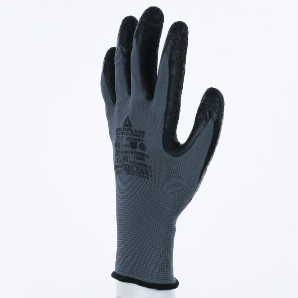 Mănușă tricotată cu strat protector - Poliester - Latex texturat aderent - Calibru : 13, culori: Gri-Negru