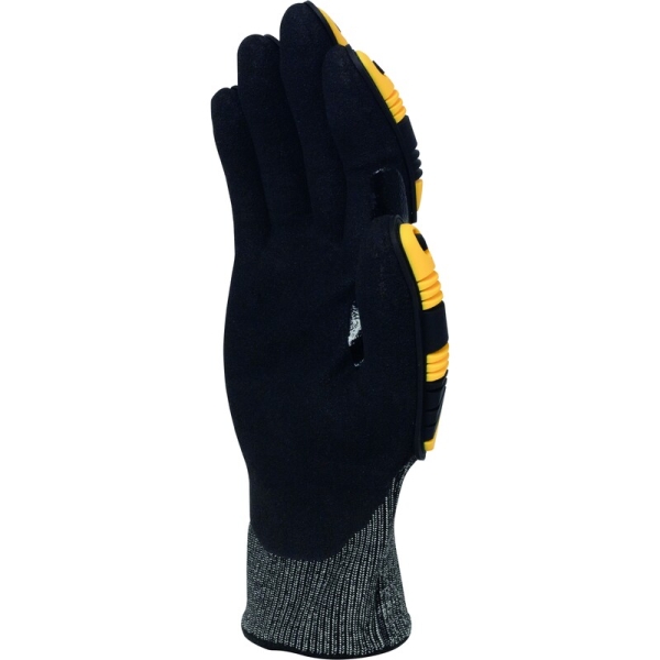 Mănușă tricotată cu strat protector - Elastan, Fibră de sticlă, Nailon, Poliester, Spandex - Nitril texturat aderent - Calibru : 18, culori: Galben-Gri-Negru