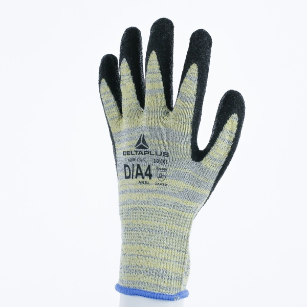 Mănușă tricotată cu strat protector - HEATnocut - Latex texturat aderent - Calibru : 10, culori: Galben-Gri-Negru