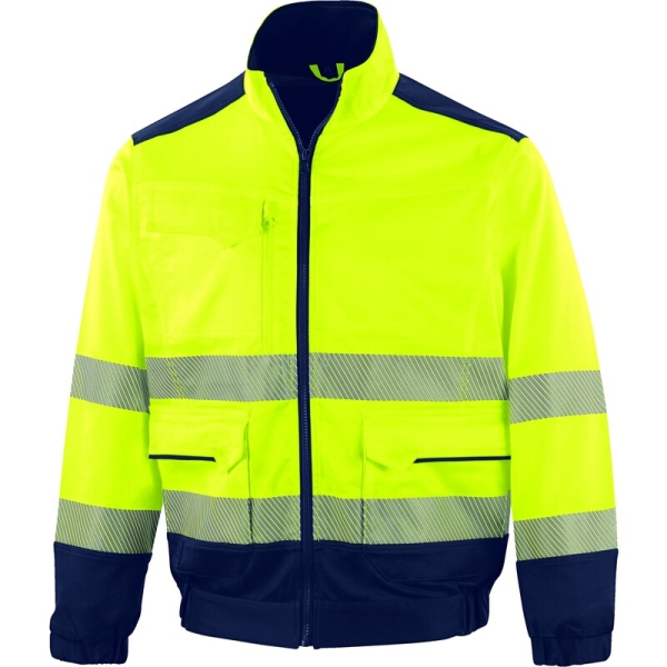 Jachetă de lucru de înaltă vizibilitate -  Twill - 77% poliester 20% bumbac 3% elastan - 260 g/m², culori: Galben fluorescent-Bleumarin, Portocaliu fluorescent-Bleumar