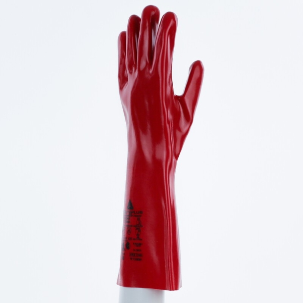 Mănușă impermeabilă cu fixare - Bumbac - PVC neted - Lungime :  400   mm , culoare Roșu