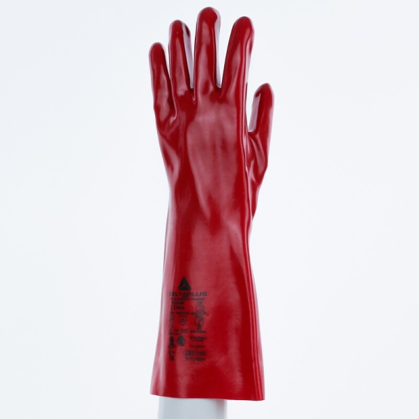 Mănușă impermeabilă cu fixare - Bumbac - PVC neted - Lungime :  400   mm , culoare Roșu