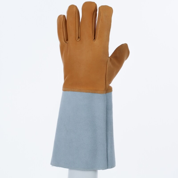 Mănușă preformată palmă piele/dos piele - Bovină - Lungime :  400   mm , culoare Gri-Bej