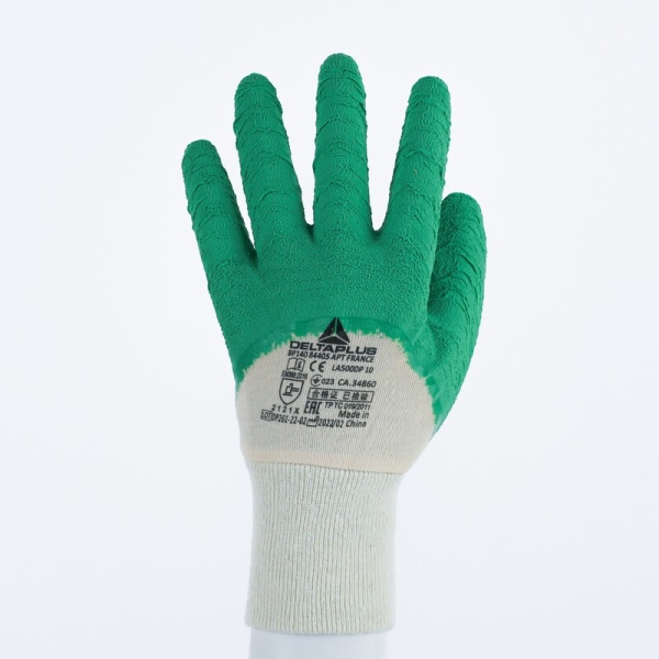 Mănușă preformată cu strat protector - Bumbac - Latex texturat aderent, culori: Verde
