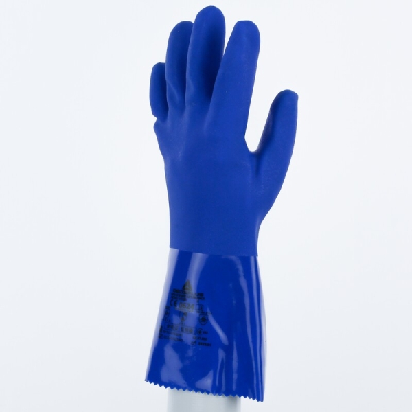 Mănușă impermeabilă cu fixare - Bumbac - PVC texturat aderent - Calibru : 13 - Lungime :  300   mm , culori: Albastru