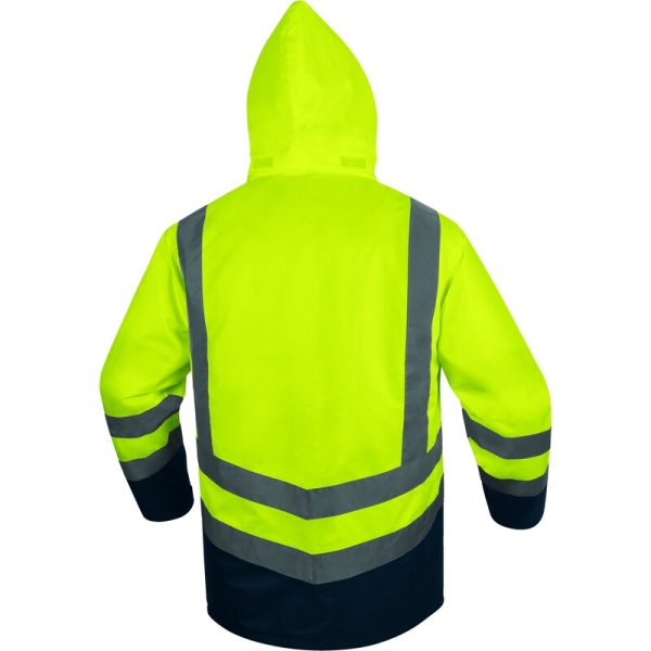 Geacă impermeabilă 5 în 1 de înaltă vizibilitate -  Oxford - 100% poliester - Acoperire poliuretanică | Căptuşeală: Tafta - 100% poliester, culori: Galben fluorescent-Bleumarin, Portocaliu fluorescent-Bleumar