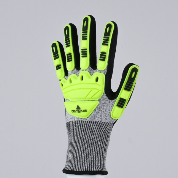 Mănușă tricotată cu strat protector - Elastan, Fibră de sticlă, Nailon, Poliester, Spandex - Nitril texturat aderent - Calibru : 15, culori: Galben