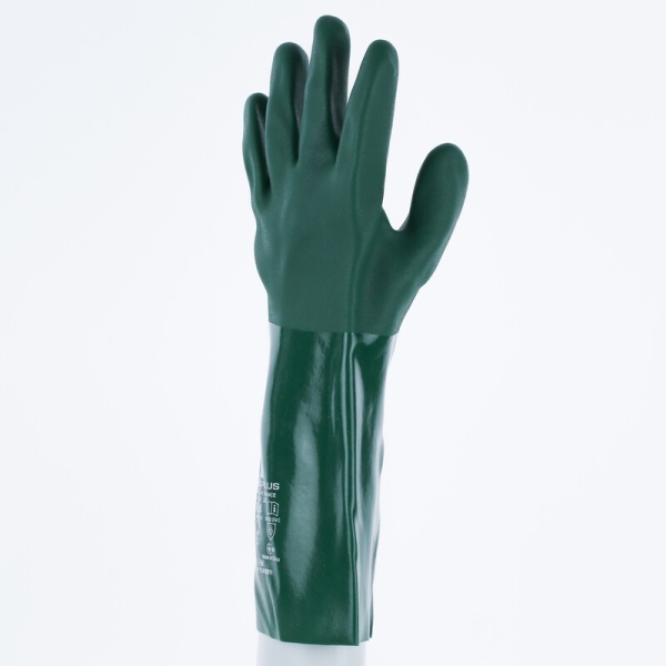 Mănușă impermeabilă cu fixare - Bumbac - Înveliș dublu din PVC - Lungime :  350   mm , culori: Verde
