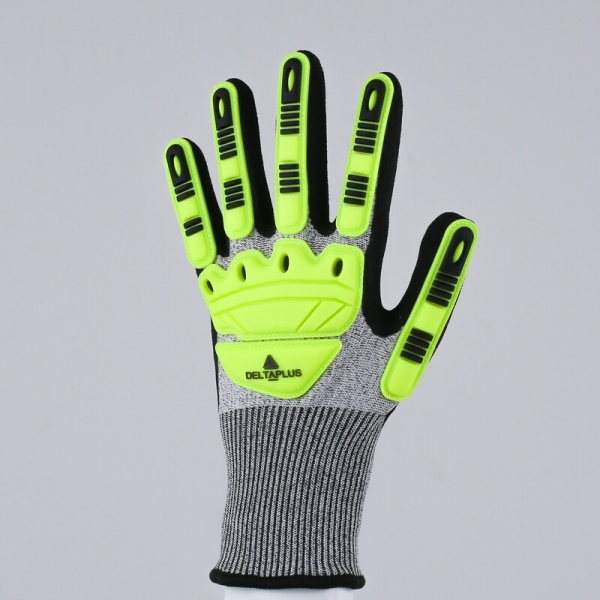 Mănușă tricotată cu strat protector - Elastan, Fibră de sticlă, Nailon, Poliester, Spandex - Nitril texturat aderent - Calibru : 15, culori: Galben