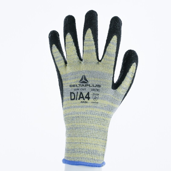 Mănușă tricotată cu strat protector - HEATnocut - Latex texturat aderent - Calibru : 10, culori: Galben-Gri-Negru