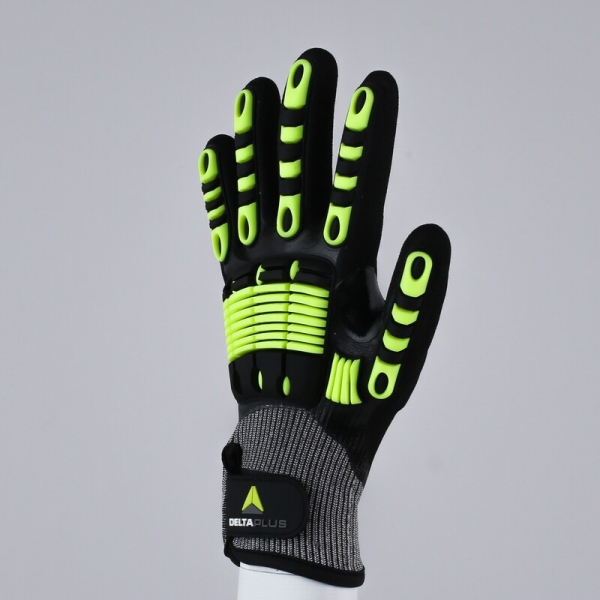 Mănușă tricotată cu strat protector - Elastan, Fibră de sticlă, Nailon, Poliester, Spandex - Strat dublu de nitril - Calibru : 15, culori: Galben-Gri-Negru