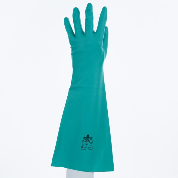 Mănușă impermeabilă fără fixare, neimpregnată cu pudră - Nitril neted - Lungime :  460   mm , culori: Verde