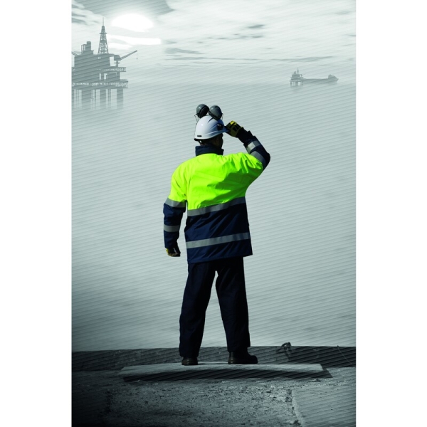 Jachetă parka 2 în 1, multirisc, de înaltă vizibilitate -  Pânză - 98% poliester 2% fibră antistatică - Acoperire poliuretanică | Căptuşeală: Fleece - 100% poliester, culori: Galben fluorescent-Bleumarin